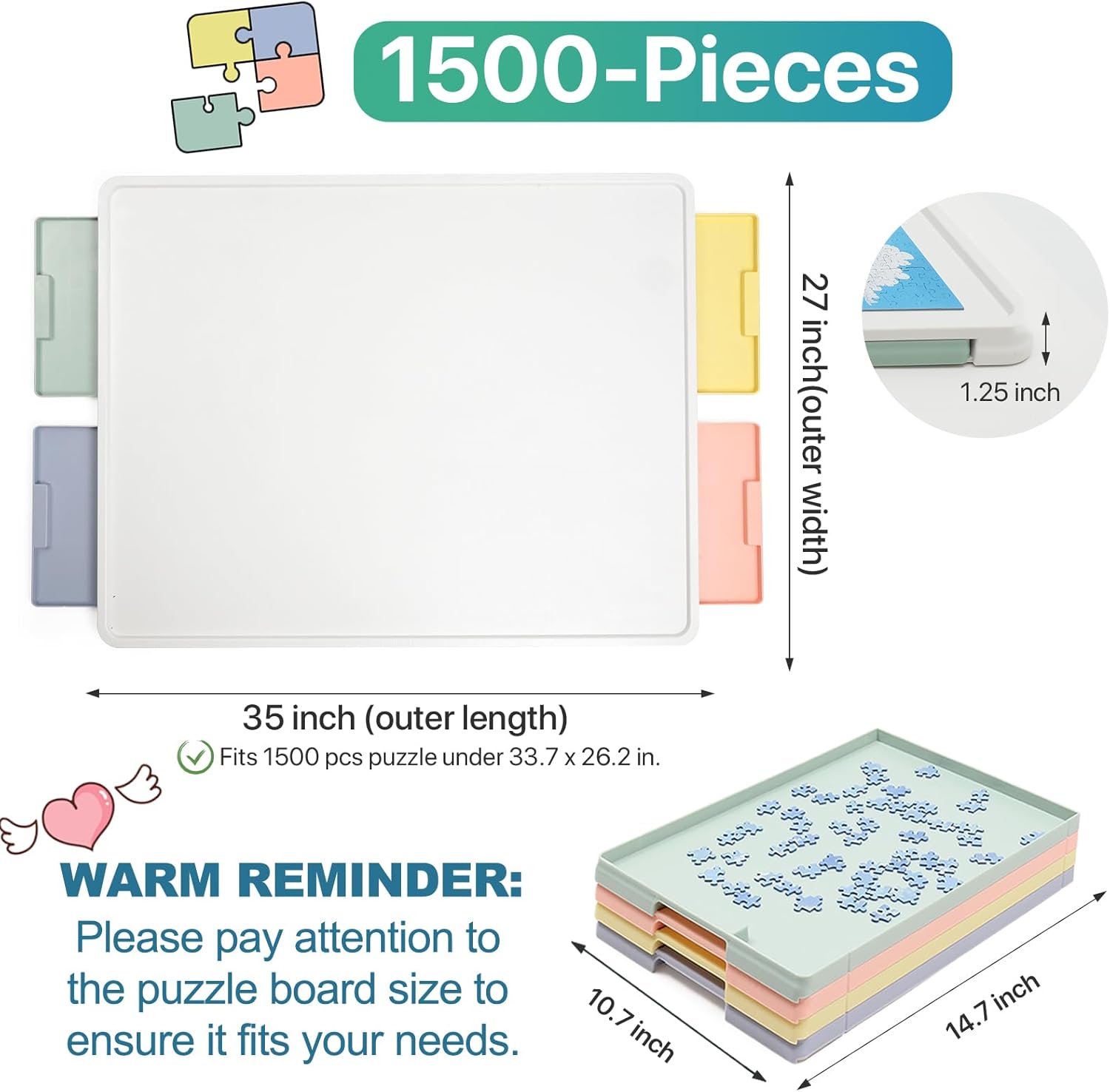 1500 Pieces Rotating Plastic Puzzle Board with Drawers and Cover, 35x27 Portable Spinning Jigsaw Puzzle Table for Adults, Upgraded Lazy Susan, Ideal Gift for Mum